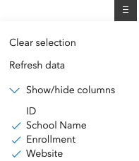 featuretable widget menu items